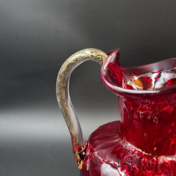 Vintage Art Glass Red Quilted Jug Ewer Applied Handle - Picture 2 of 16